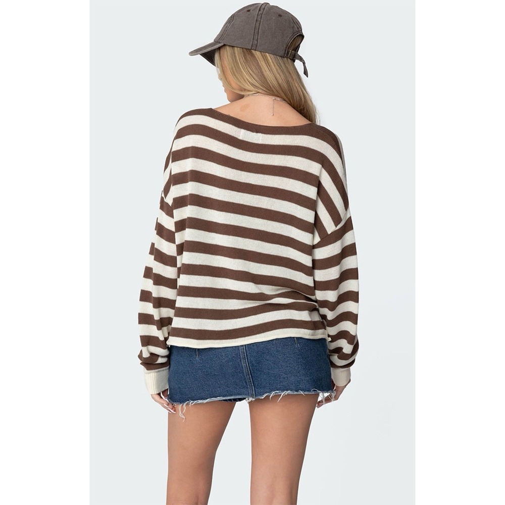 Edikted Size Medium Brown & White Knit Cropped Striped Sweater Top - Picture 2 of 12